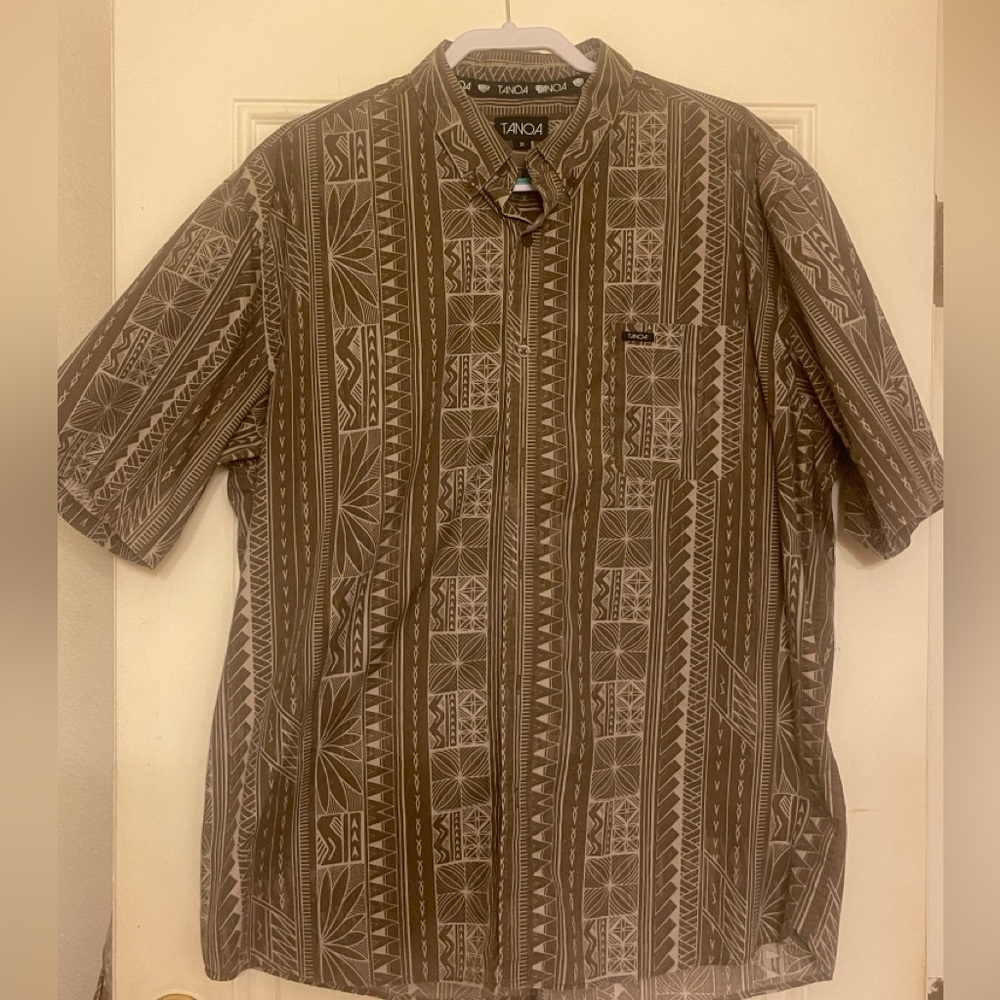 TANOA Brand Brown Geometric Tribal Print Hawaiian Aloha Shirt